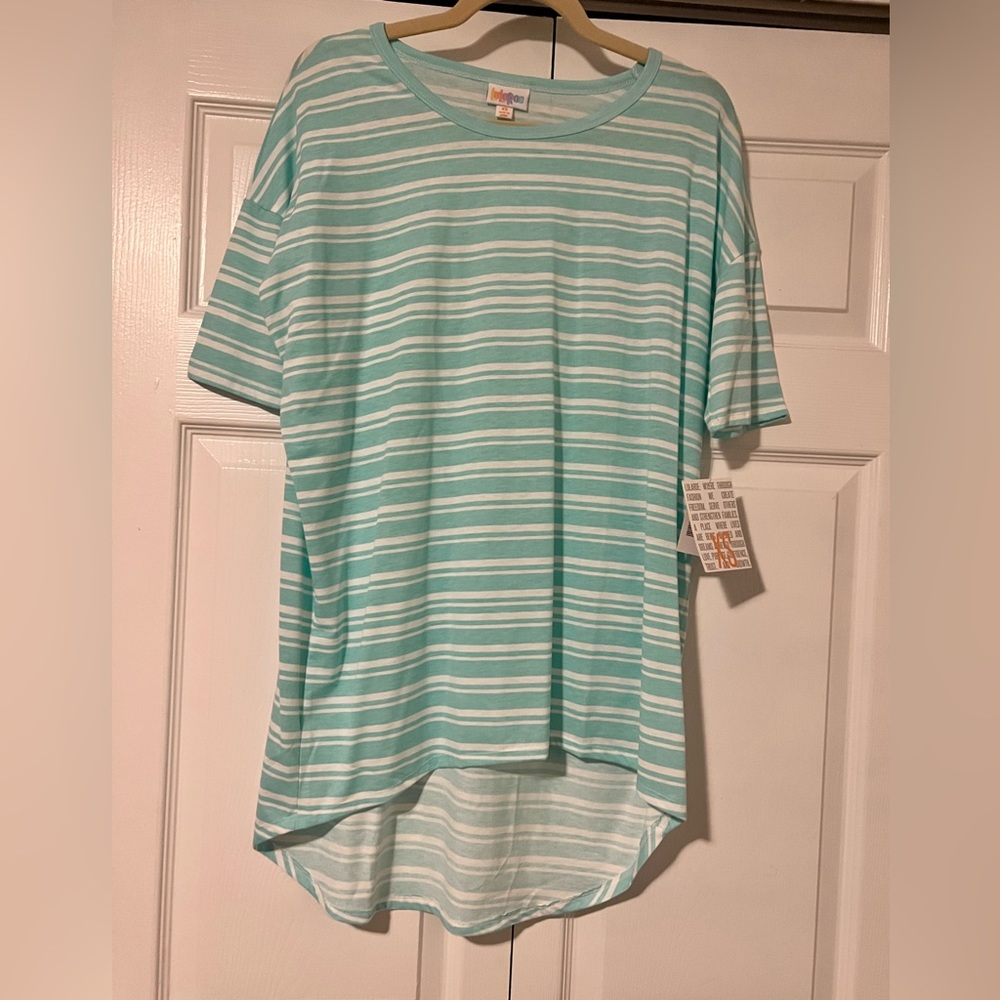 LULAROE XS IRMA ; MINT GREEN AND WHITE STRIPES, NWT